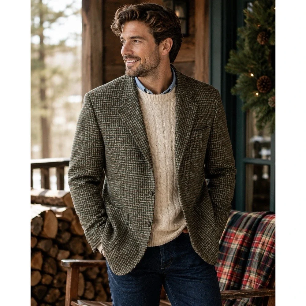 Lands' End Wool Houndstooth Blazer Jacket Mens M Tall Thinsulate Insulated